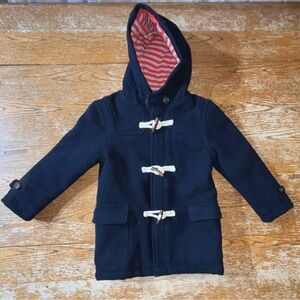 Mini Boden wool-blend duffle coat in navy blue with a striped lining. Size 3-4Y